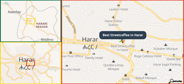 Map showing the address of Best Streetcoffee in Harar in three different zoom levels.