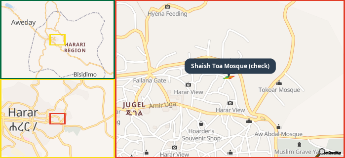 Map showing the address of Shaish Toa Mosque (check) in three different zoom levels.