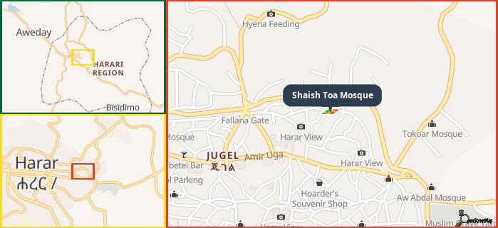 Map showing the address of Shaish Toa Mosque in three different zoom levels.