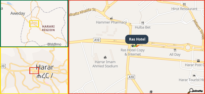 Map showing the address of Ras Hotel in three different zoom levels.
