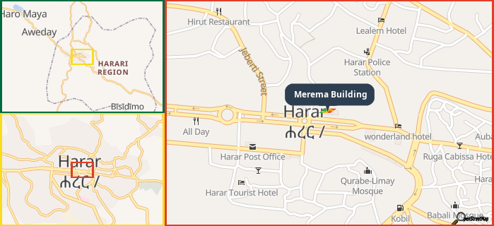 Map showing the address of Merema Building in three different zoom levels.