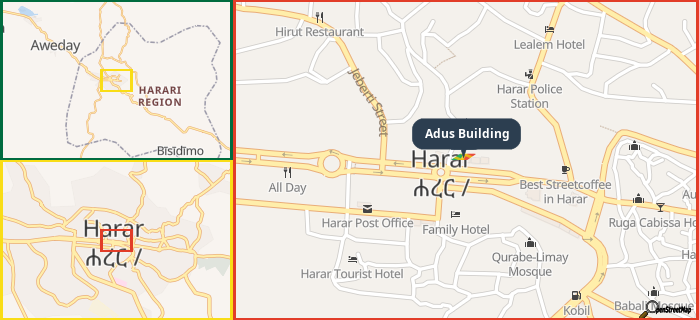 Map showing the address of Adus Building in three different zoom levels.