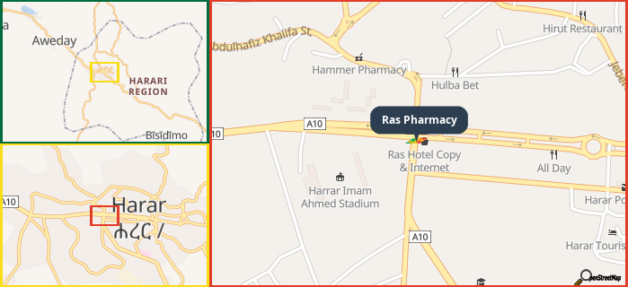 Map showing the address of Ras Pharmacy in three different zoom levels.