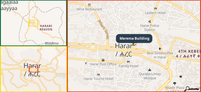 Map showing the address of Merema Building in three different zoom levels.