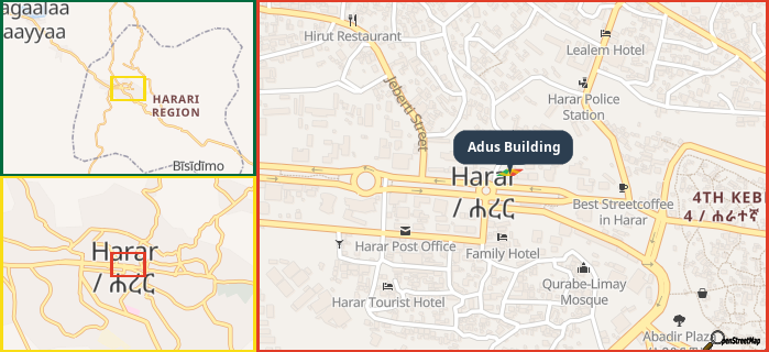 Map showing the address of Adus Building in three different zoom levels.