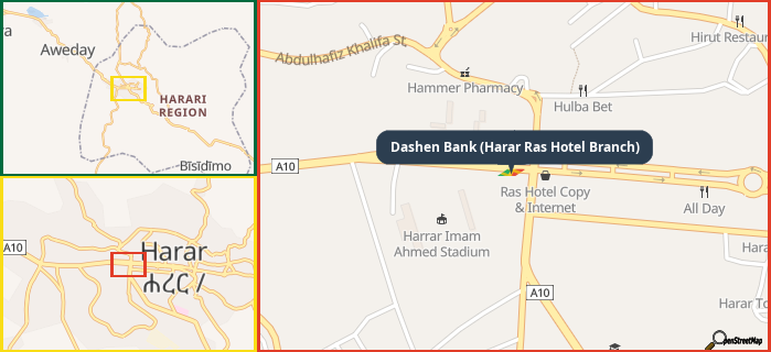 Map showing the address of Dashen Bank (Harar Ras Hotel Branch) in three different zoom levels.