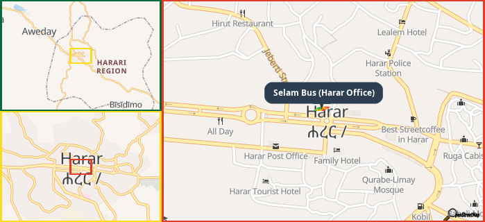 Map showing the address of Selam Bus (Harar Office) in three different zoom levels.