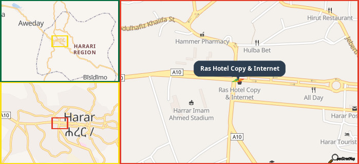 Map showing the address of Ras Hotel Copy & Internet in three different zoom levels.