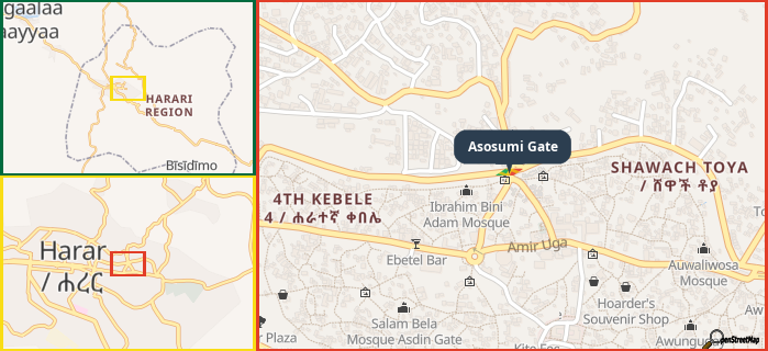 Map showing the address of Asosumi Gate in three different zoom levels.
