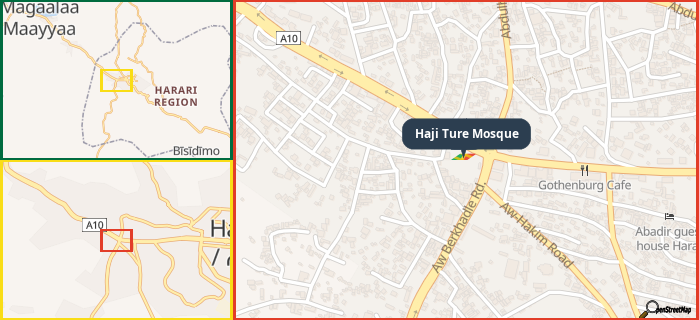 Map showing the address of Haji Ture Mosque in three different zoom levels.