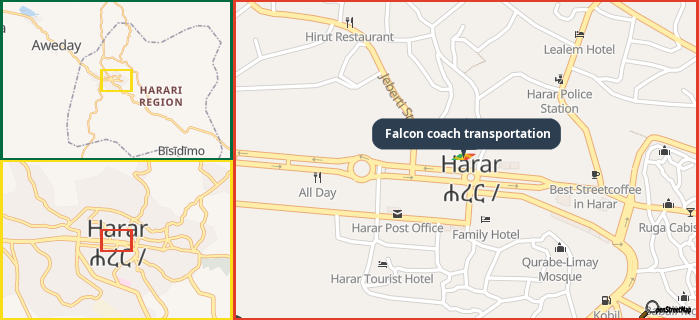 Map showing the address of Falcon coach transportation in three different zoom levels.
