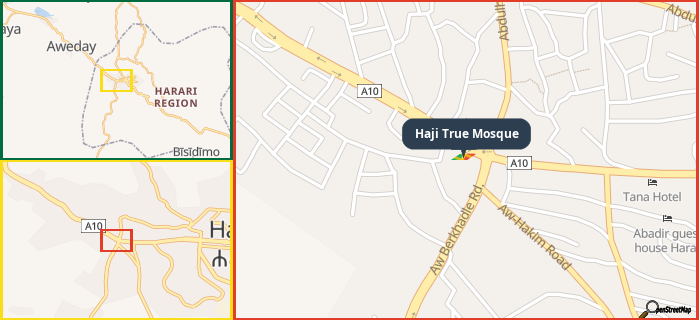 Map showing the address of Haji True Mosque in three different zoom levels.