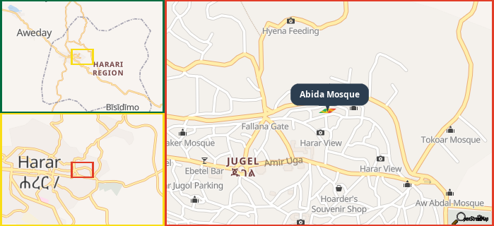 Map showing the address of Abida Mosque in three different zoom levels.