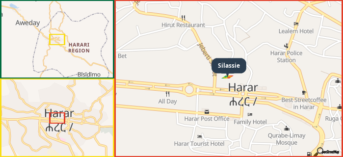 Map showing the address of Silassie in three different zoom levels.