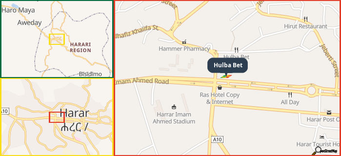 Map showing the address of Hulba Bet in three different zoom levels.