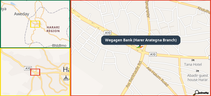 Map showing the address of Wegagen Bank (Harer Arategna Branch) in three different zoom levels.