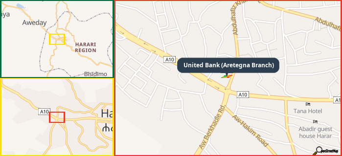 Map showing the address of United Bank (Aretegna Branch) in three different zoom levels.