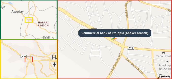 Map showing the address of Commercial bank of Ethiopia (Aboker branch) in three different zoom levels.