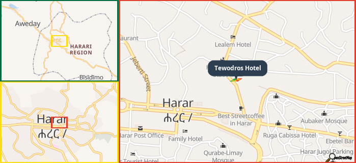 Map showing the address of Tewodros Hotel in three different zoom levels.