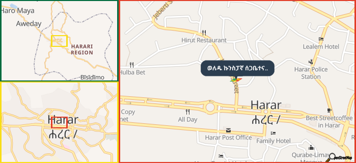 Map showing the address of ወለዱ ኩንስፓኛ ሰጋቤተና.. in three different zoom levels.