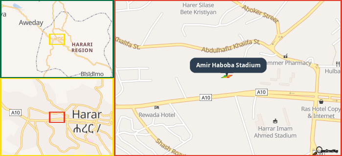 Map showing the address of Amir Haboba Stadium in three different zoom levels.