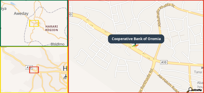Map showing the address of Cooperative Bank of Oromia in three different zoom levels.