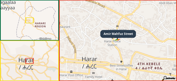 Map showing the address of Amir Mahfuz Street in three different zoom levels.