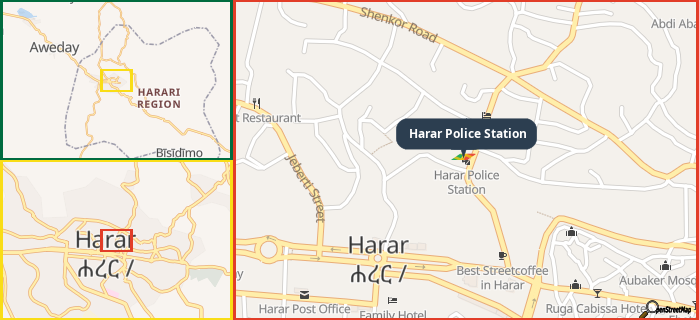 Map showing the address of Harar Police Station in three different zoom levels.