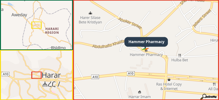 Map showing the address of Hammer Pharmacy in three different zoom levels.