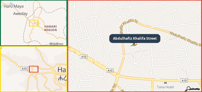 Map showing the address of Abdulhafiz Khalifa Street in three different zoom levels.