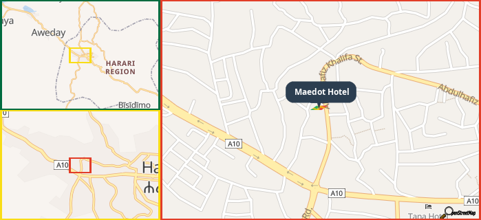 Map showing the address of Maedot Hotel in three different zoom levels.