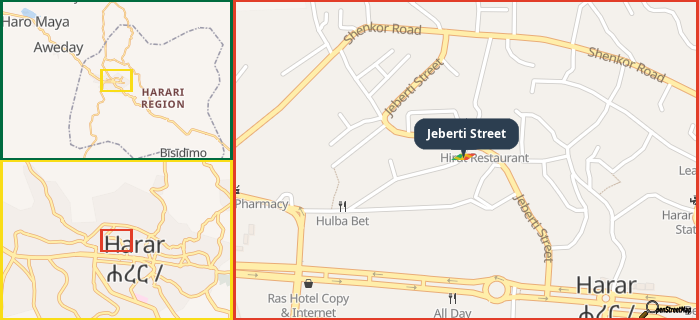 Map showing the address of Jeberti Street in three different zoom levels.