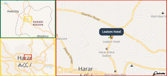 Map showing the address of Lealem Hotel in three different zoom levels.