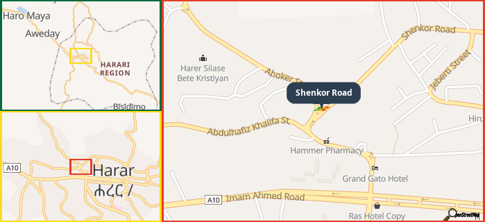 Map showing the address of Shenkor Road in three different zoom levels.