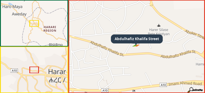 Map showing the address of Abdulhafiz Khalifa Street in three different zoom levels.