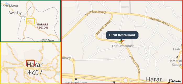 Map showing the address of Hirut Restaurant in three different zoom levels.