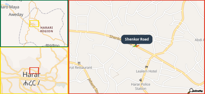 Map showing the address of Shenkor Road in three different zoom levels.