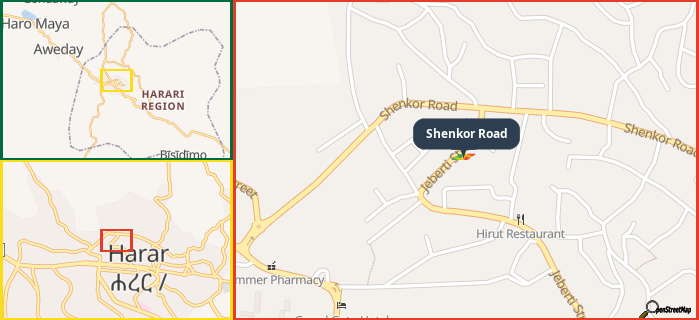 Map showing the address of Shenkor Road in three different zoom levels.