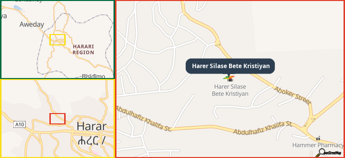 Map showing the address of Harer Silase Bete Kristiyan in three different zoom levels.