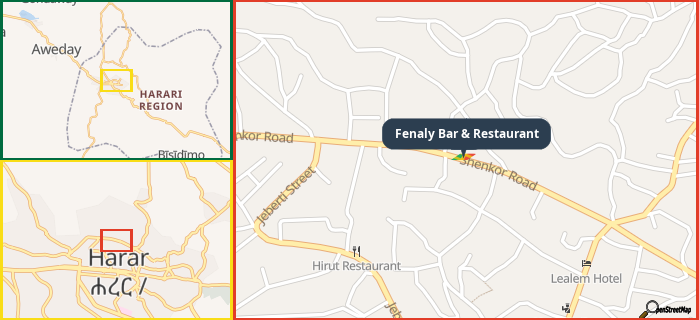 Map showing the address of Fenaly Bar & Restaurant in three different zoom levels.