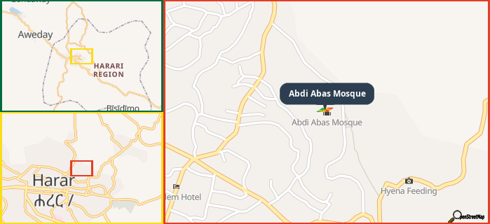 Map showing the address of Abdi Abas Mosque in three different zoom levels.