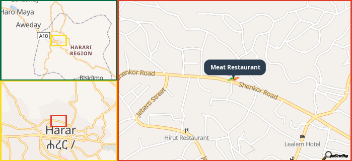 Map showing the address of Meat Restaurant in three different zoom levels.