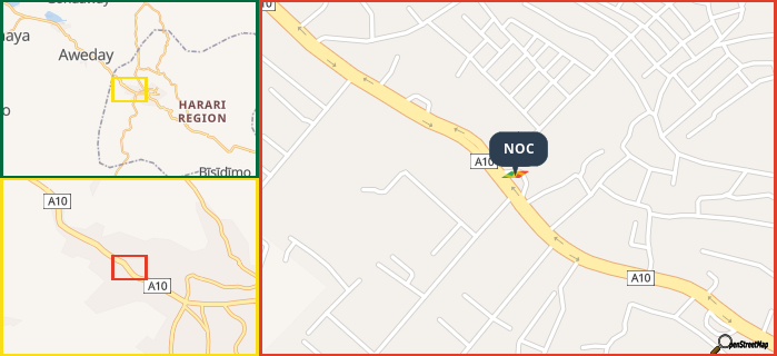 Map showing the address of NOC in three different zoom levels.
