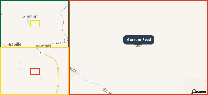 Map showing the address of Gursum Road in three different zoom levels.
