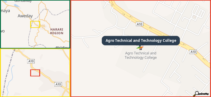 Map showing the address of Agro Technical and Technology College in three different zoom levels.