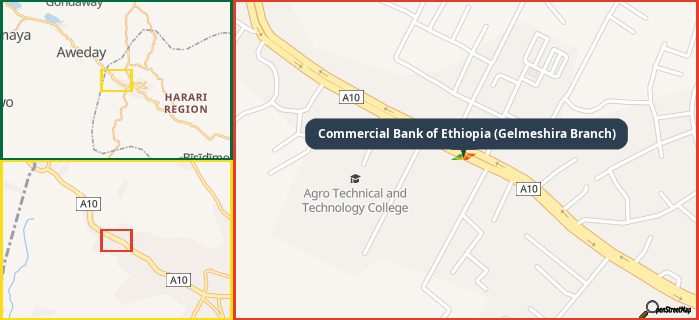 Map showing the address of Commercial Bank of Ethiopia (Gelmeshira Branch) in three different zoom levels.