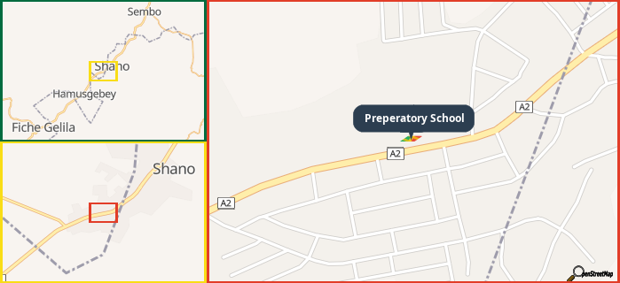 Map showing the address of Preperatory School in three different zoom levels.