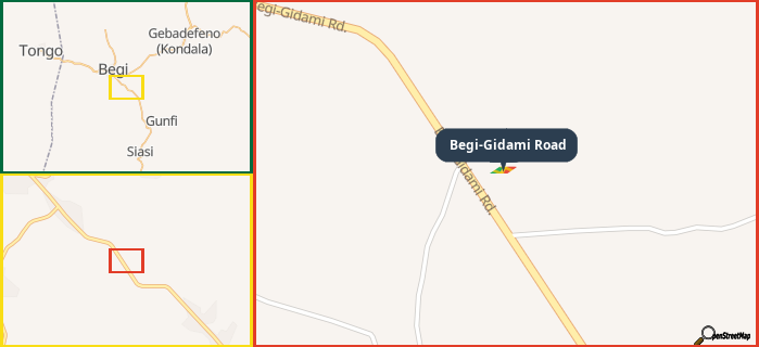 Map showing the address of Begi-Gidami Road in three different zoom levels.