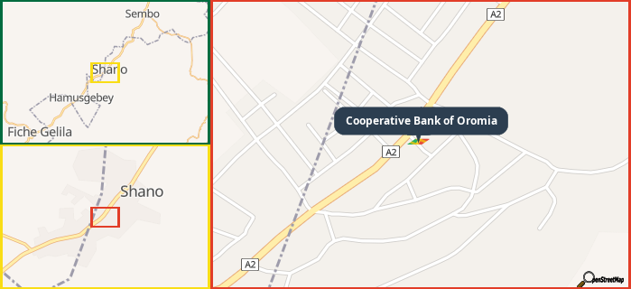 Map showing the address of Cooperative Bank of Oromia in three different zoom levels.