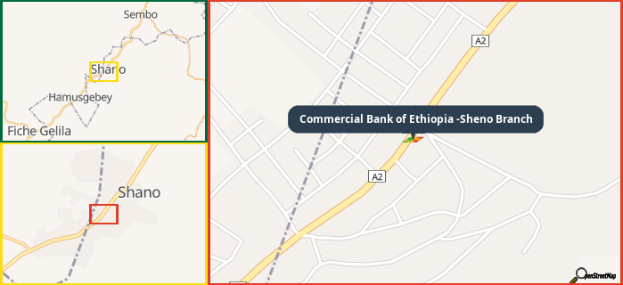 Map showing the address of Commercial Bank of Ethiopia -Sheno Branch in three different zoom levels.